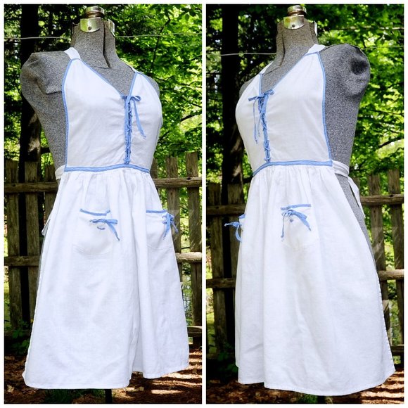 Vintage 60s 'Swiss Miss' Style White Cotton Full Bib Apron Blue Trim Cottagecore - Picture 5 of 9